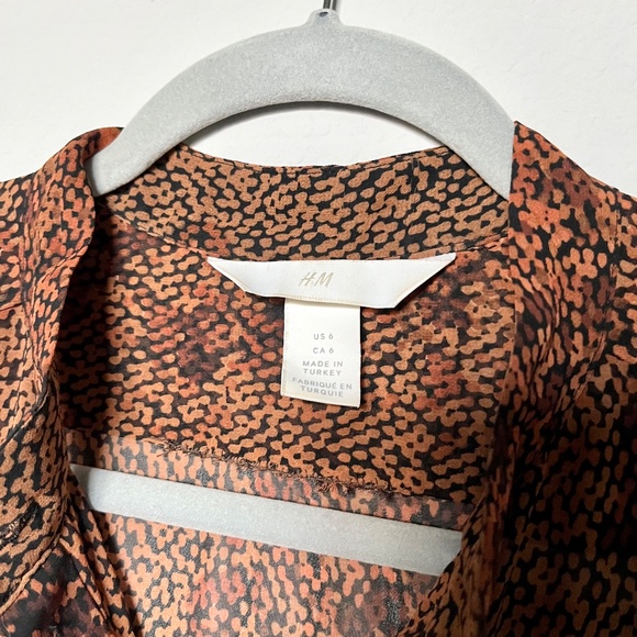 H&M Cuffed Sleeve Button-front Printed Brown Chiffon Midi Dress Sheer Size 6 - Picture 9 of 14